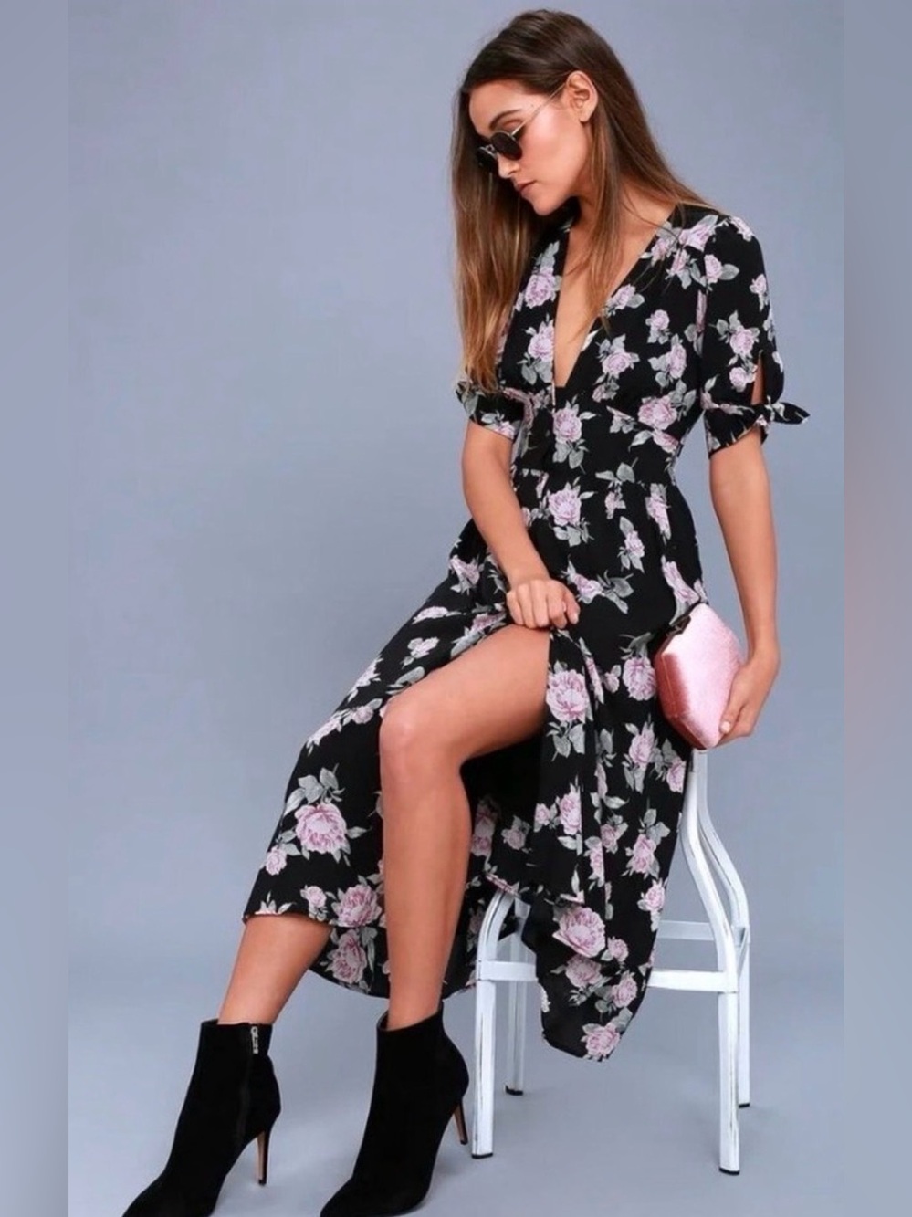 Free people Love of my life black pink floral midi button dress PERFECT! Fall Sm